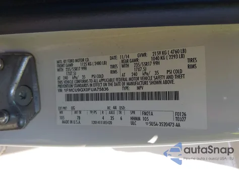 2015 Ford Escape Se z USA, uszkodzony, nr VIN 1FMCU9GX0FUA75836